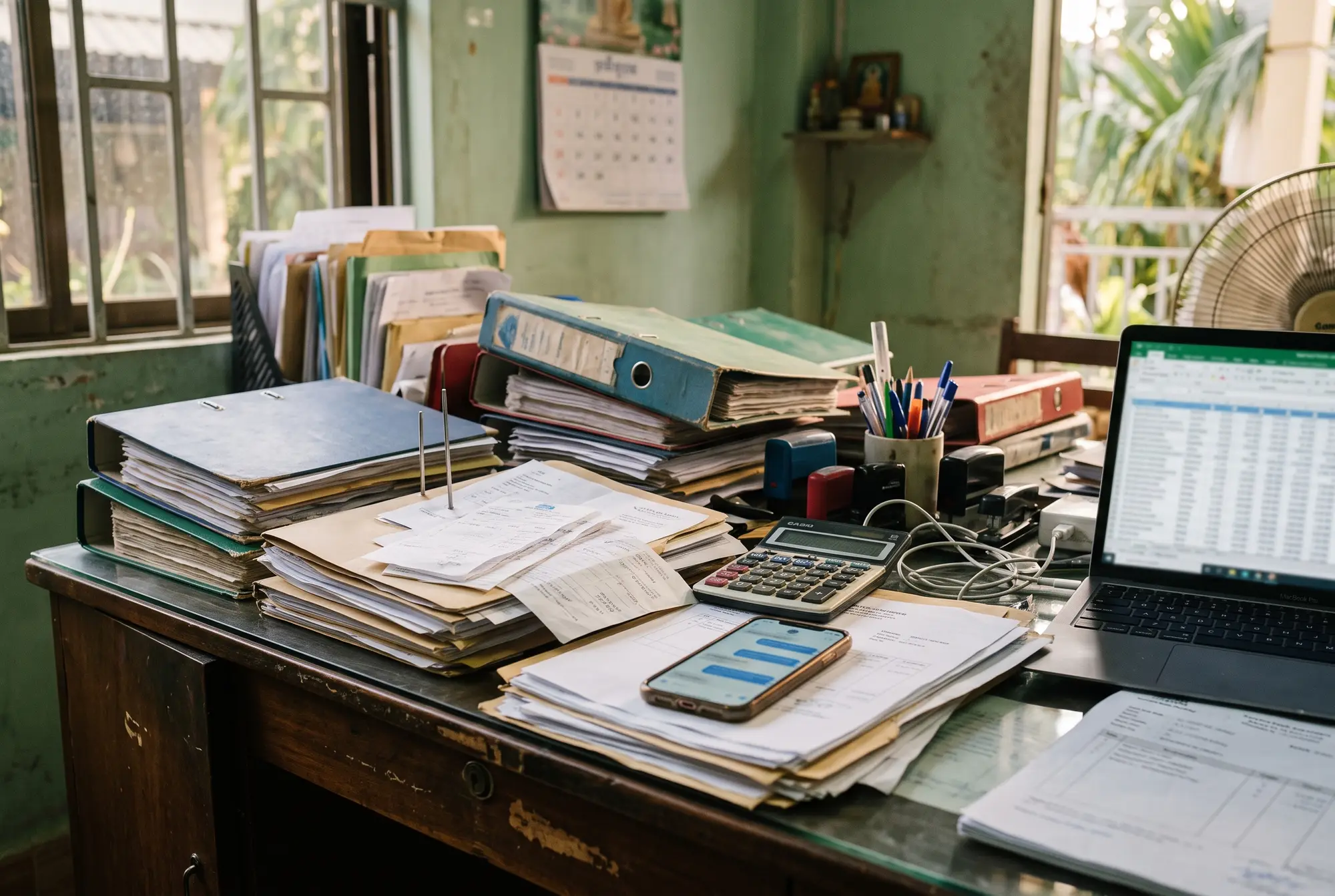 A desk in an accounting office in Phnom Penh, covered in binders, invoices, a calculator, a phone with chat messages and a laptop with a spreadsheet