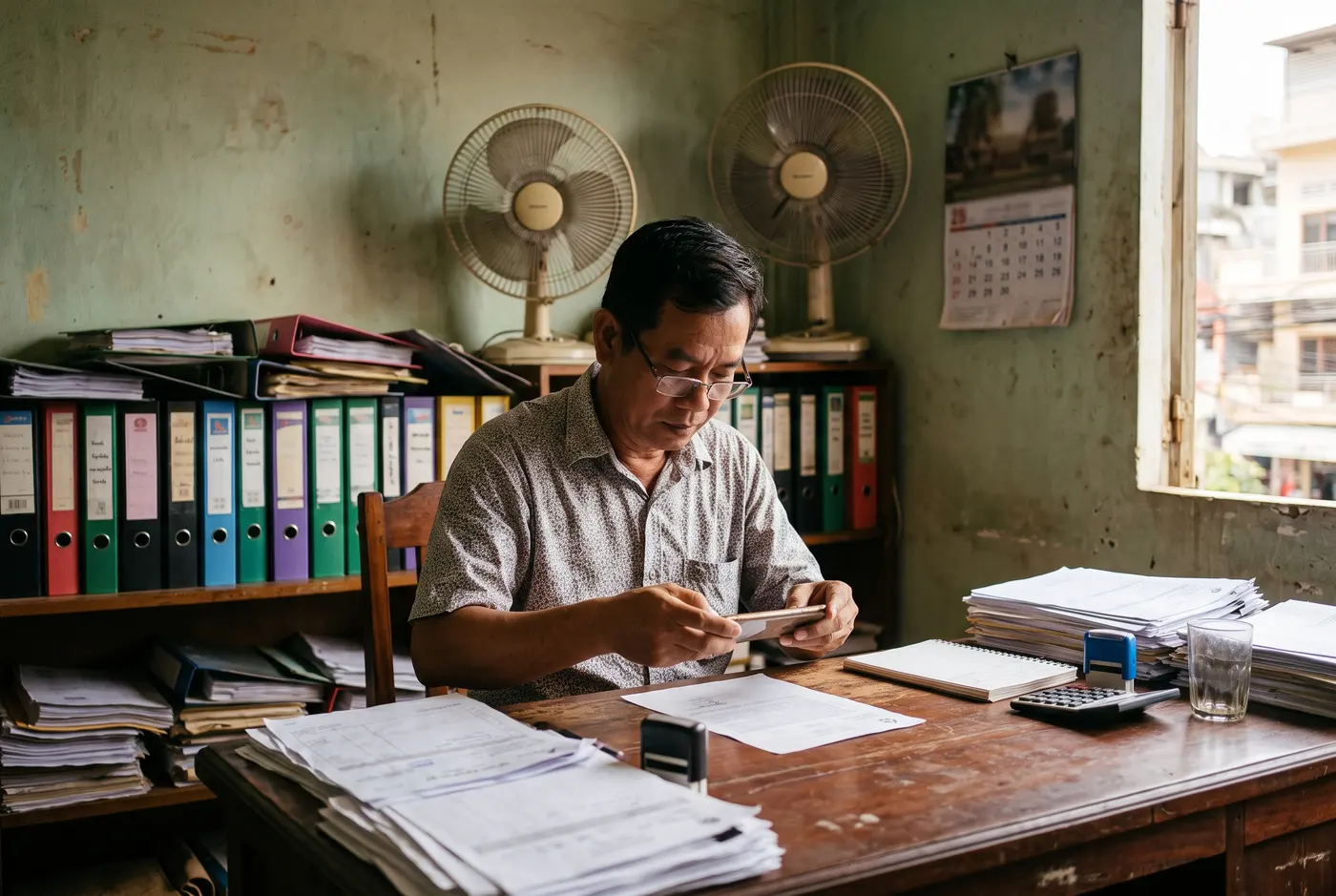 A business owner photographing a document with his phone in his office